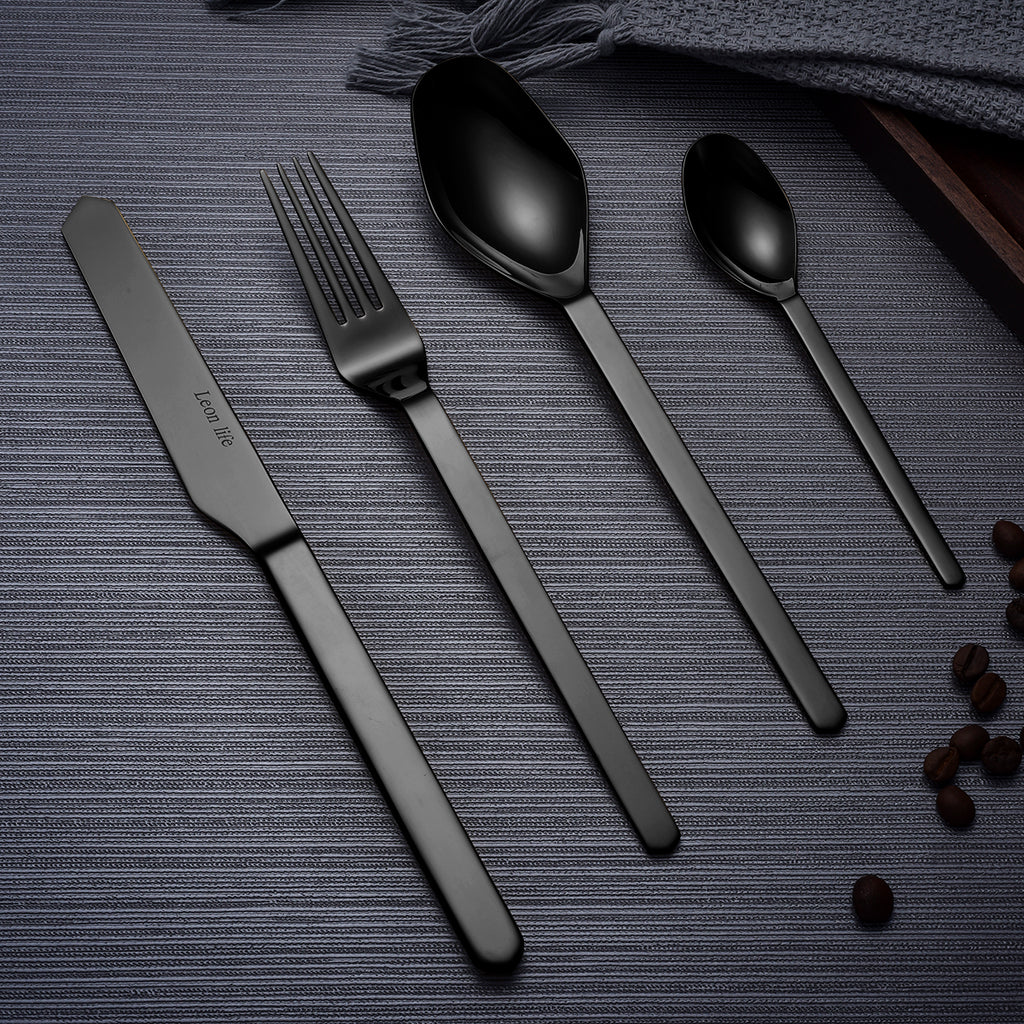 LEKOCH® 8 Pieces Stainless Steel Mirror Polished Cutlery Black Silverware Set Service for 2 Person