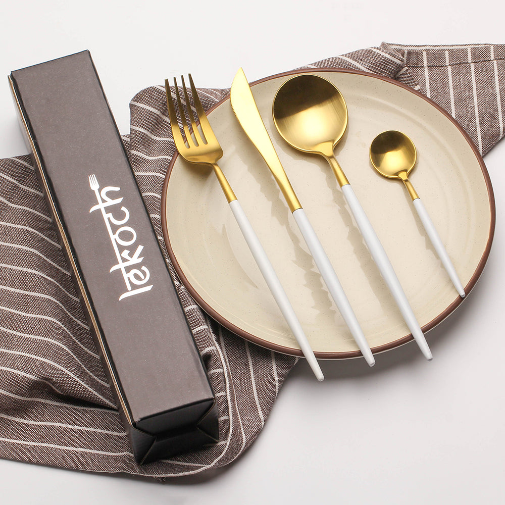 LEKOCH® 4 Pieces Classical Series Gold&White Cutlery - lekochshop