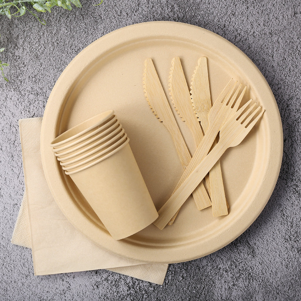 LEKOCH 200 pcs Disposable 100% Bamboo Plates 10 inch, Cutlery, Paper Napkins, Cups Party Set, Biodegradable Disposable Bamboo Dishes Set for 25 Guests
