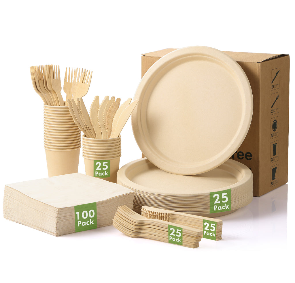 LEKOCH Lot de 200 assiettes jetables 100 % bambou 25,4 cm, couverts,  serviettes en papier, gobelets, ensemble de vaisselle jetable biodégradable  en