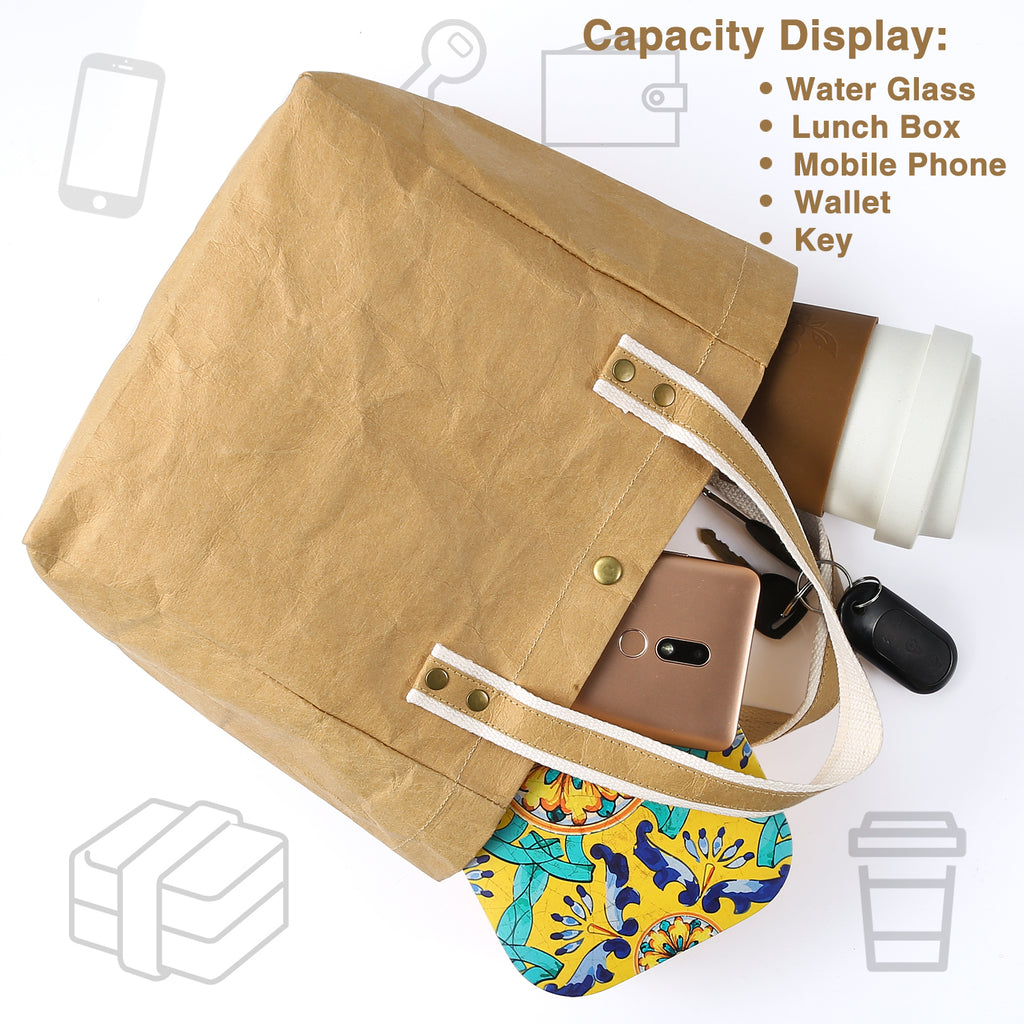 LEKOCH Small Washed Kraft Reusable Paper Lunch Bag Tote Work Bag for Woman Handbag