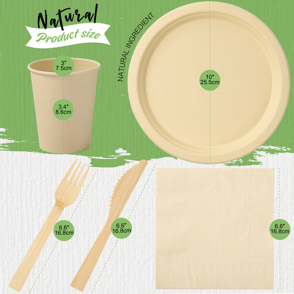 LEKOCH 200 pcs Disposable 100% Bamboo Plates 10 inch, Cutlery, Paper Napkins, Cups Party Set, Biodegradable Disposable Bamboo Dishes Set for 25 Guests