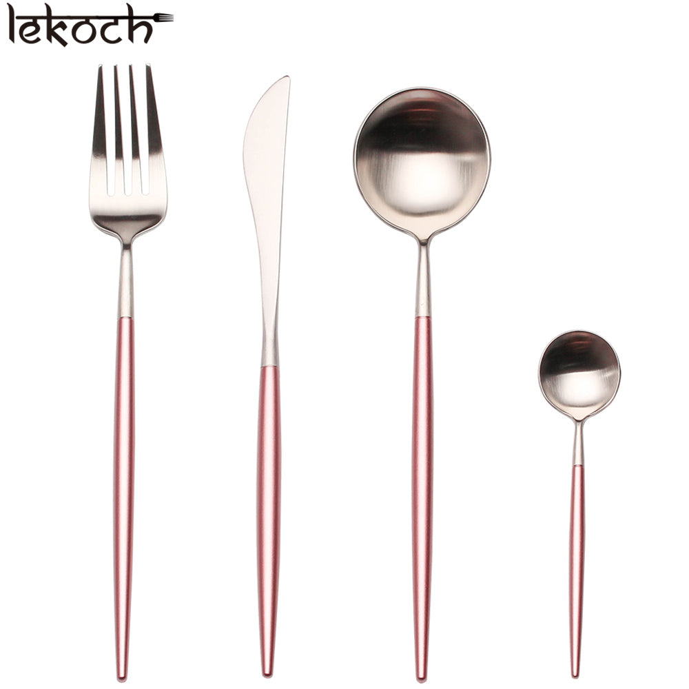 LEKOCH® 4 Pieces Classical Series Silver&Pink Cutlery - lekochshop