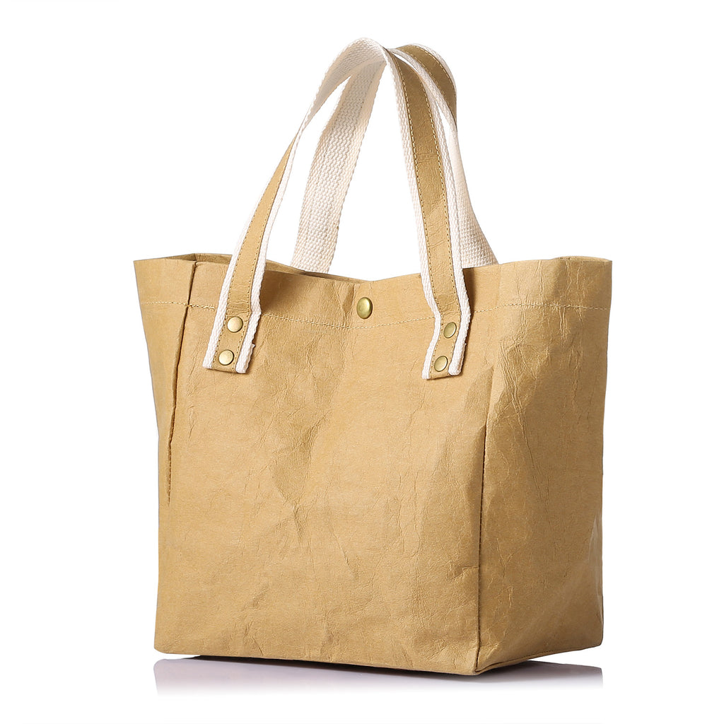 LEKOCH Small Washed Kraft Reusable Paper Lunch Bag Tote Work Bag for Woman Handbag