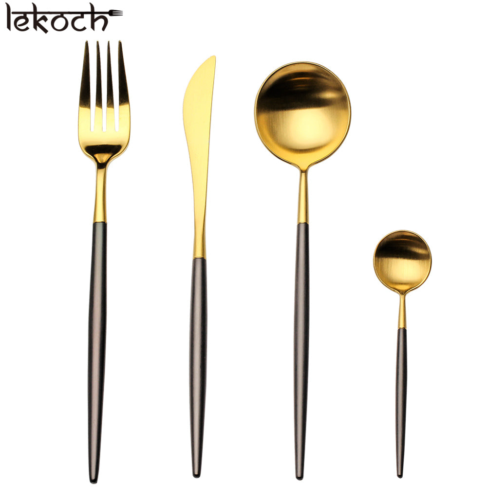 LEKOCH 8-teiliges Luxus-Besteck 18/8 Edelstahl Matt Schwarz & Gold Bes – lekochshop