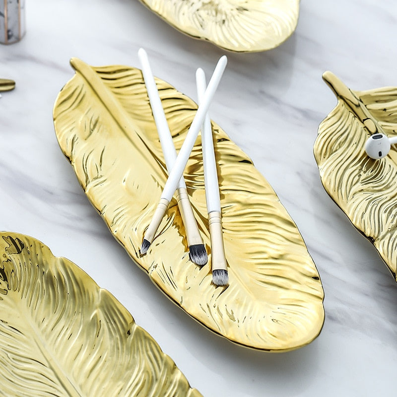 Gold Feather Shape Ceramic Plate - lekochshop