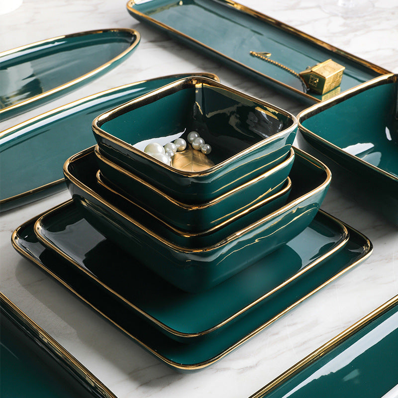 Green Ceramic Gold Inlay Porcelain Dinner Set - lekochshop